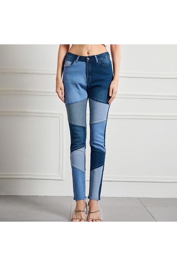 Stretch Patchwork Jeans Denim Pants for Women, High Waisted Skinny Casual Distressed Patch Jegging Blue XL