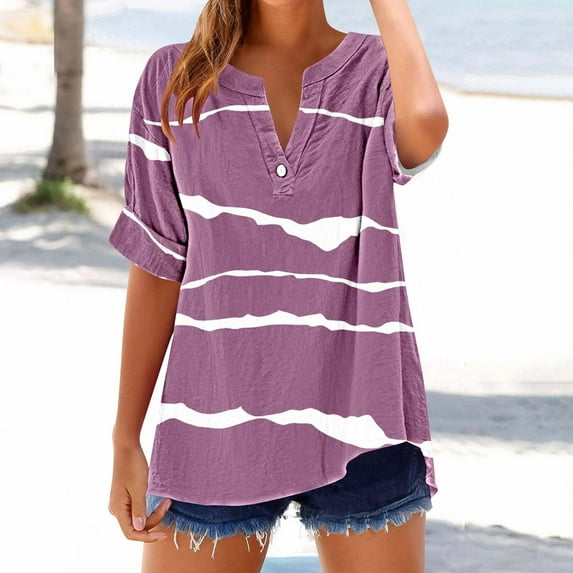 Jjayotai Stripe Print T-Shirt, Womens Button Front V Neck Shirts, Color Block Casual Short Sleeve Tee Tops, Blouses for Women, Workout Tops for Women Pink^1 XL