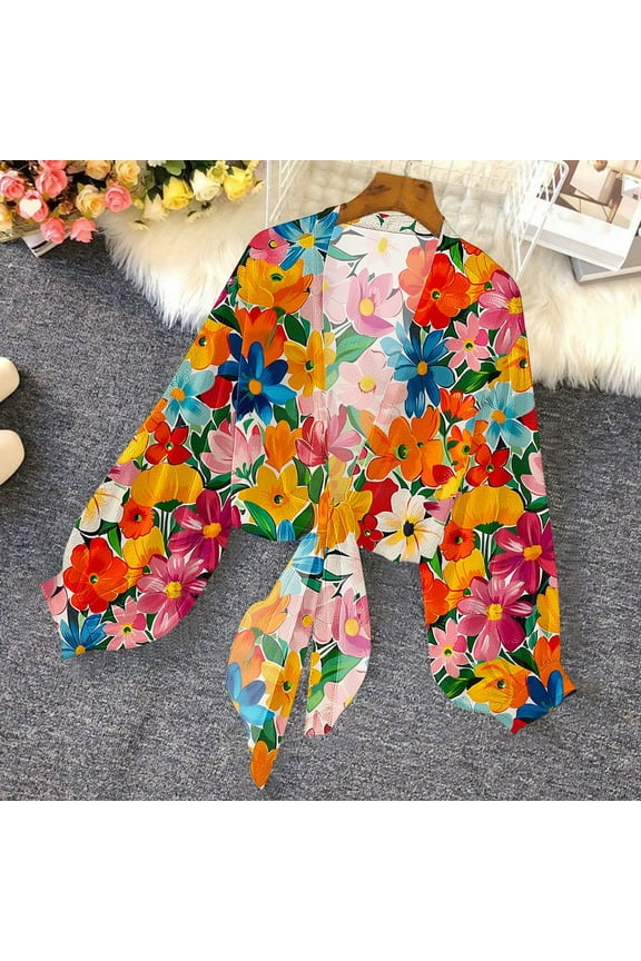 Summer Boho Lightweight Cardigans for Women, Open Front Long Sleeve Sheer Chiffon Cardigan, Tie Front Casual Loose Shirts, Beach Cover Ups