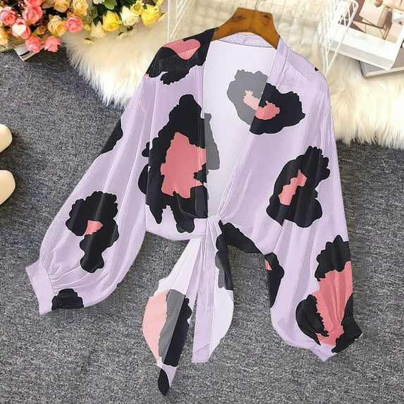 Jjayotai Summer Boho Lightweight Cardigans for Women, Open Front Long Sleeve Sheer Chiffon Cardigan, Tie Front Casual Loose Shirts, Beach Cover Ups