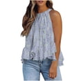 thumbnail image 1 of Jjayotai Summer Halter Tank Tops for Women, Loose Fit Pleated Tie Back Sleeveless Tops, Ruffle Hem Casual Camisole Top, Floral Blouses Light Blue^ XL, 1 of 6