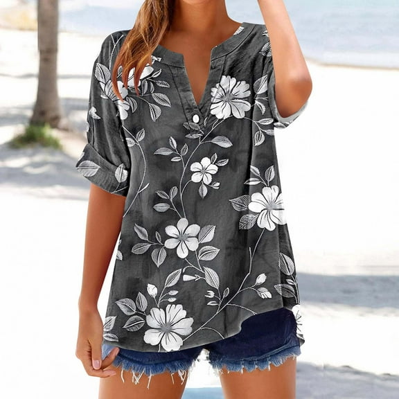 Jjayotai Summer Tops for Women 2025, Trendy Boho Floral Short Sleeve Shirts, Loose Fit Casual Dressy Basic Tee, V Neck Blouses for Women Multicolor^15 M