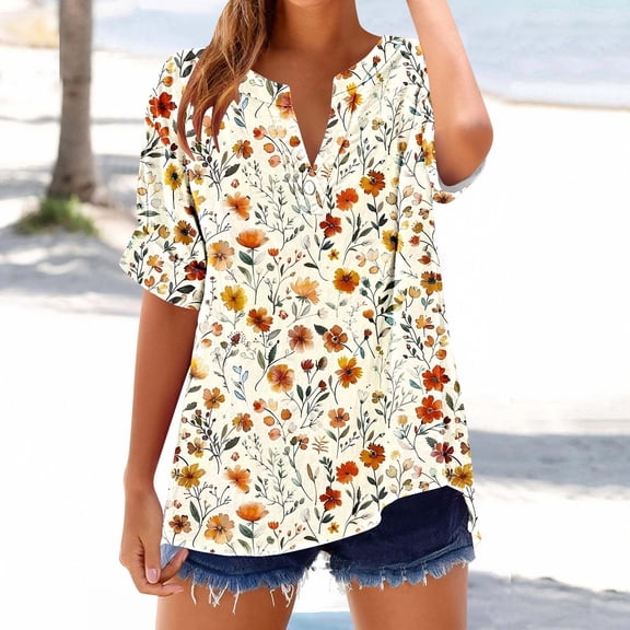 Jjayotai Summer Tops for Women 2025, Trendy Boho Floral Short Sleeve Shirts, Loose Fit Casual Dressy Basic Tee, V Neck Blouses for Women Multicolor^19 XL