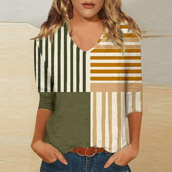 Jjayotai Summer Tops for Women 2025 Vacation, 3/4 Sleeve V Neck Shirts, Fashion Floral Printed Tshirts, Casual Dressy Blouses, Color Block Vacation Trendy Outfit Army Green^ XXXL