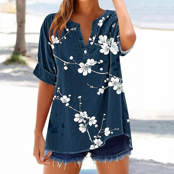 Jjayotai Summer Tops for Women Clearance, V Neck Button Down Short Sleeve Casual Blouses, Fashion Floral Print Loose Fit Shirts, Womens Tshirts Multicolor^24 S