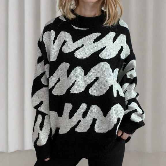 Jjayotai Sweaters for Women, Fall Dressy Long Sleeve Crew Neck Color Block Knit Pullover Sweater, Vintage Casual Baggy Tunic Tops Black L