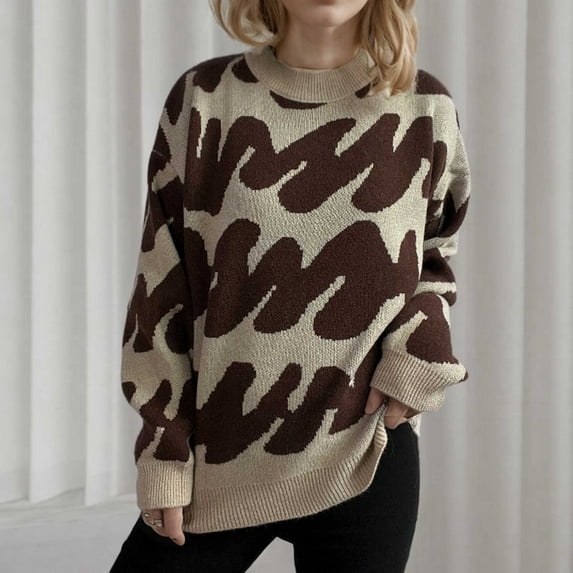 Jjayotai Sweaters for Women, Fall Dressy Long Sleeve Crew Neck Color Block Knit Pullover Sweater, Vintage Casual Baggy Tunic Tops Brown S