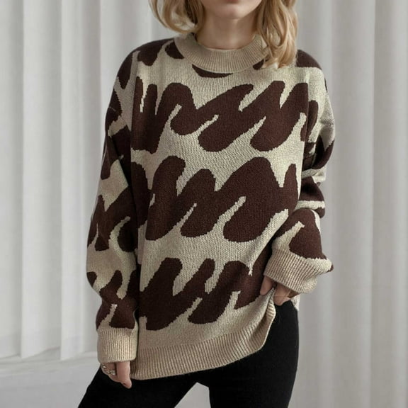 Jjayotai Sweaters for Women, Fall Dressy Long Sleeve Crew Neck Color Block Knit Pullover Sweater, Vintage Casual Baggy Tunic Tops Brown S