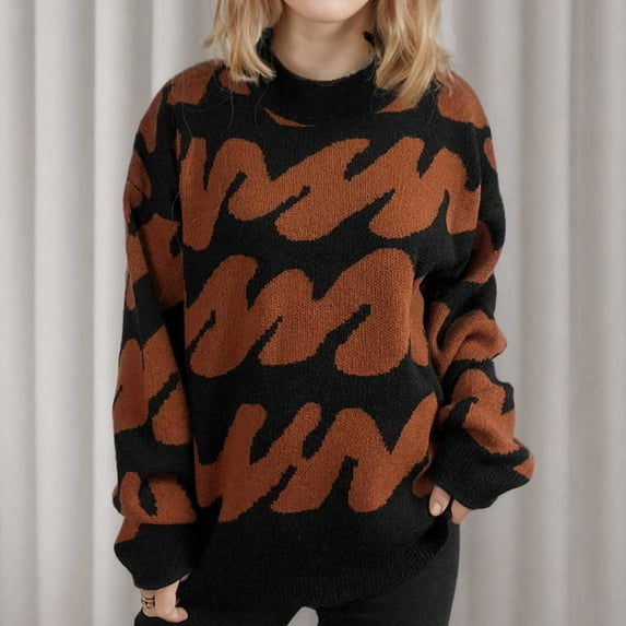 Jjayotai Sweaters for Women, Fall Dressy Long Sleeve Crew Neck Color Block Knit Pullover Sweater, Vintage Casual Baggy Tunic Tops Coffee S