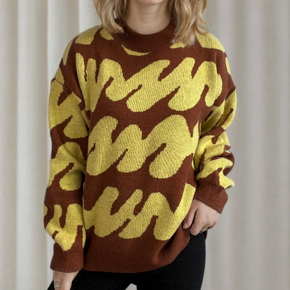 Jjayotai Sweaters for Women, Fall Dressy Long Sleeve Crew Neck Color Block Knit Pullover Sweater, Vintage Casual Baggy Tunic Tops Yellow S