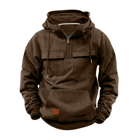 Jjayotai Tactical Hoodies for Men 2024, Quater-Zip Pullover, Vintage Sweatshirt, Casual Long Sleeve Cargo Hoodies with Pocket Coffee XL