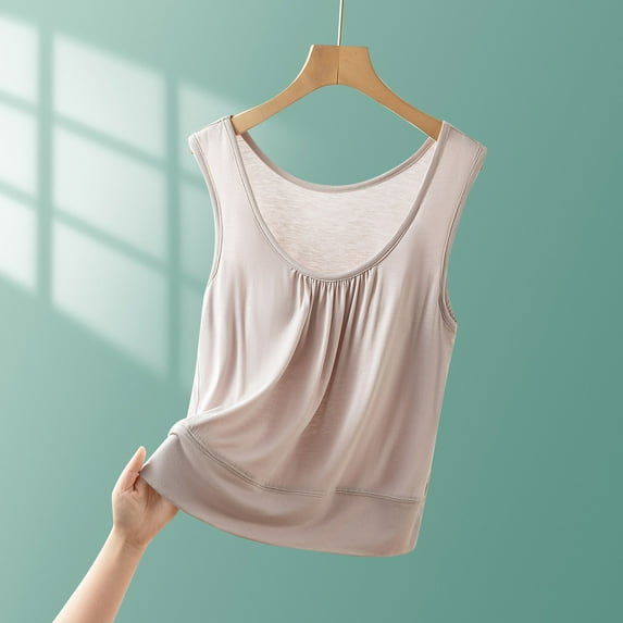 Jjayotai Tank Top with Built In Bra for Women, Womens Tank Tops with Built in Bra, Front Pleated Yoga Workout Sleeveless Shirts, Summer Loose Fit Camisole Top Beige^ L