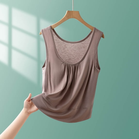 Jjayotai Tank Top with Built In Bra for Women, Womens Tank Tops with Built in Bra, Front Pleated Yoga Workout Sleeveless Shirts, Summer Loose Fit Camisole Top Khaki^ XXL