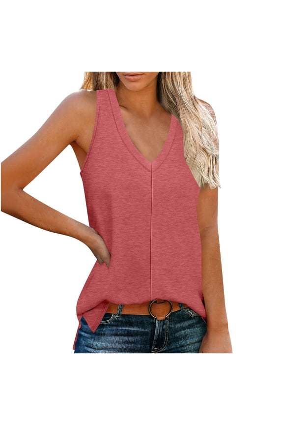 Tank Top for Women 2025, Casual Spring V Neck Sleeveless Tee Shirt, Basic Trendy Beach Vacation Outfits, Womens Summer Clothes Pink^ M