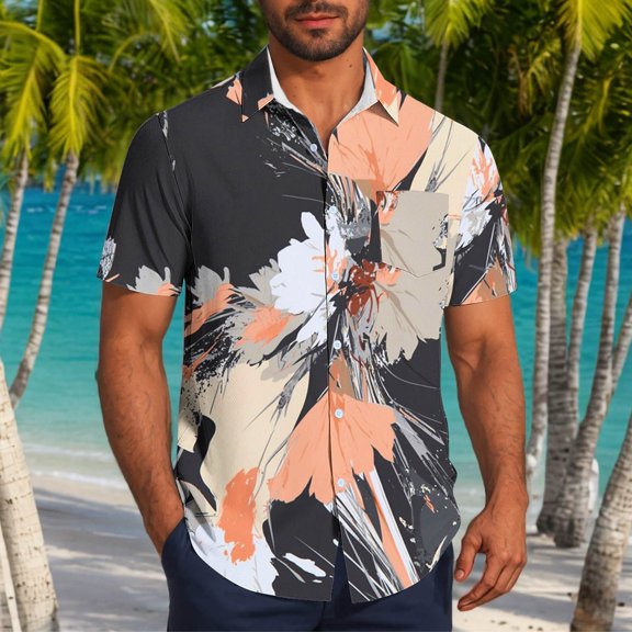 Jjayotai Tropical Men's George Shirts, Men Casual Fashion Floral Printed Button Down Short Sleeve Turndown Collar Shirt with Pocket, Hawaiian Shirt for Men