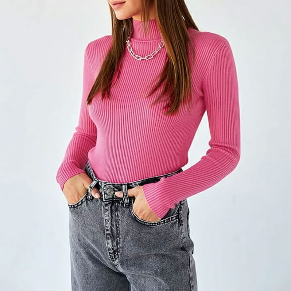 Jjayotai Turtleneck Shirt for Women, Long Sleeve Thermal Tops, Base Layer Top, Casual Slim Fit Pullover, Soft Comfortable Knit Sweater Hot Pink Free Size