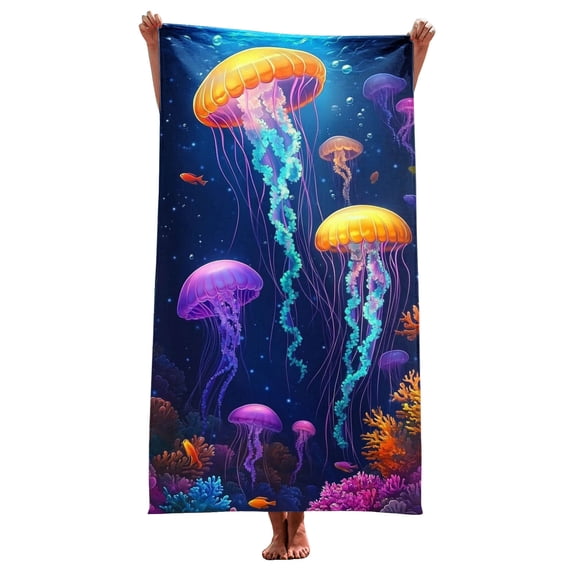 Jjayotai Underwater Jellyish Microfiber Bath Towel, 29x59 Inch Beach Towels, Quick Dry Sand Free Absorbent Towel for Beach Pool Shower Travel Sports (Shower Towels, 75x150cm)