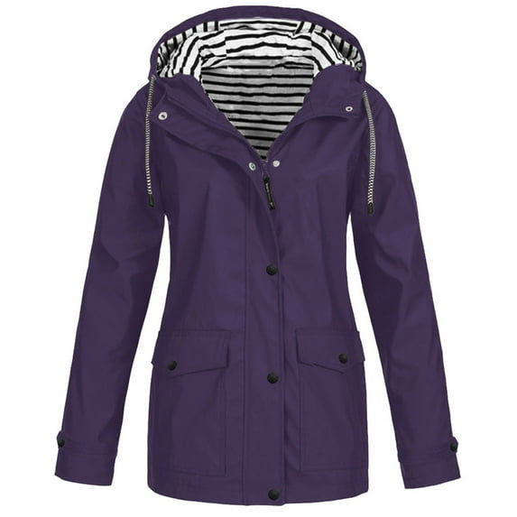 Jjayotai Waterproof Rain Jacket Women, Lightweight Zip Up Long Hooded Raincoat, Outdoor Windbreaker Plaid Lined Trench Coats Purple XXL