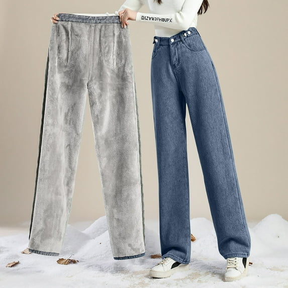 Jjayotai Wide Leg Jeans for Women Clearance, Trendy High Waisted Straight Leg Pants, Baggy Stretchy Fleece Liner Denim Trousers Blue S