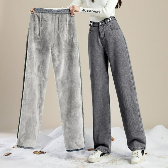 Jjayotai Wide Leg Jeans for Women Clearance, Trendy High Waisted Straight Leg Pants, Baggy Stretchy Fleece Liner Denim Trousers Dark Gray XL