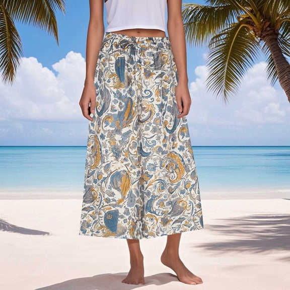 Jjayotai Wide Leg Pants Woman, Women's Bohemian Elastic Waist Print Comfortable Casual Wide Leg Pants With Pockets, Floral Trousers for Women