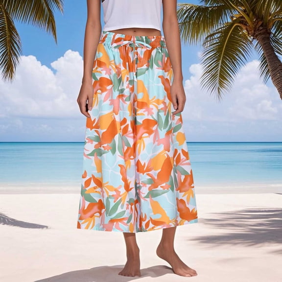 Jjayotai Wide Leg Pants Woman, Women's Bohemian Elastic Waist Print Comfortable Casual Wide Leg Pants With Pockets, Floral Trousers for Women