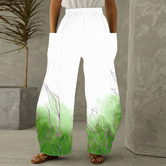 Jjayotai Wide Leg Pants for Women, Women's Ultra Soft Popular Floral Printed Stylish Palazzo Pants, Straight Trousers with Pockets Green L