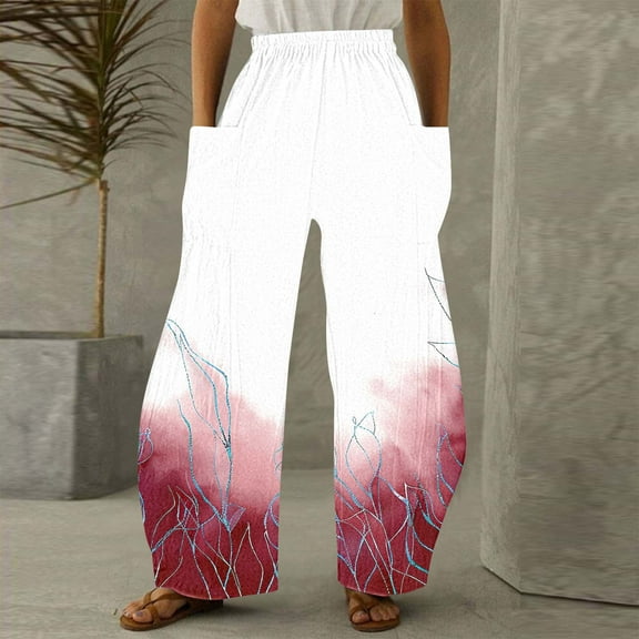 Jjayotai Wide Leg Pants for Women, Women's Ultra Soft Popular Floral Printed Stylish Palazzo Pants, Straight Trousers with Pockets Red XXL