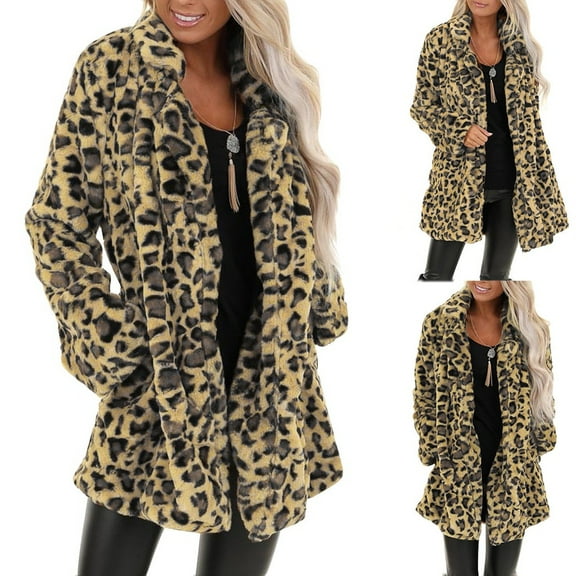 Jjayotai Winter Faux Fur Coats for Women, Leopard Fluffy Jacke,t Oversized Draped Cardigan Coat, Open Front Warm Jacket with Pockets Brown XL