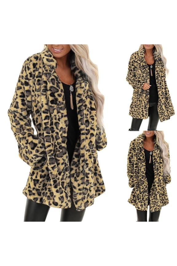 Winter Faux Fur Coats for Women, Leopard Fluffy Jacke,t Oversized Draped Cardigan Coat, Open Front Warm Jacket with Pockets Brown XL