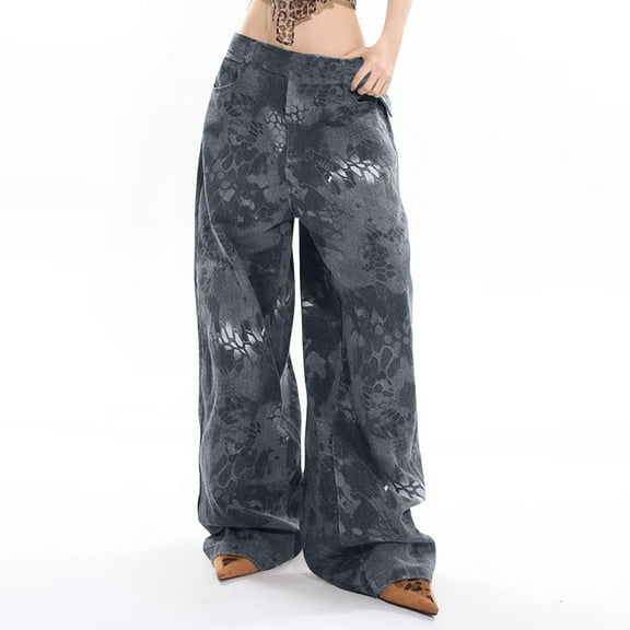 Jjayotai Women Barrel Leopard Jeans, Casual Mid Rise Ankle Wide Leg Pants, Y2K Baggy Boyfriend Denim Harem Pants with Pockets Black XXL