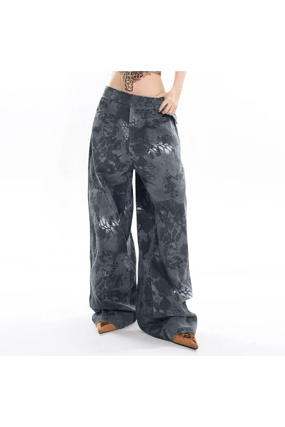 Women Barrel Leopard Jeans, Casual Mid Rise Ankle Wide Leg Pants, Y2K Baggy Boyfriend Denim Harem Pants with Pockets Black XXL