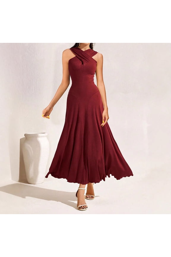 Women Cocktail Formal Dresses, Sleeveless Cross Neck Sling Long Dress, Spring Wedding Guest Halter High Low Party Dress, Maxi Dresses for Women 2025 Red~ M