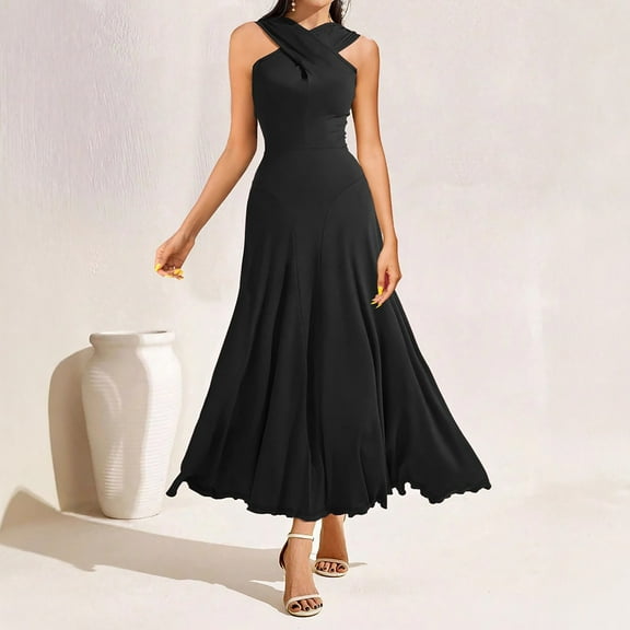 Jjayotai Women Cocktail Formal Dresses, Sleeveless Cross Neck Sling Long Dress, Spring Wedding Guest Halter High Low Party Dress, Maxi Dresses for Women 2025 Black~ M