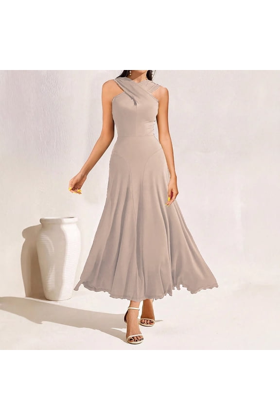 Women Cocktail Formal Dresses, Sleeveless Cross Neck Sling Long Dress, Spring Wedding Guest Halter High Low Party Dress, Maxi Dresses for Women 2025 Beige~ M