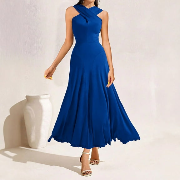Jjayotai Women Cocktail Formal Dresses, Sleeveless Cross Neck Sling Long Dress, Spring Wedding Guest Halter High Low Party Dress, Maxi Dresses for Women 2025 Blue~ M