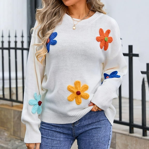 Jjayotai Women Colorful Floral Sweater, Long Sleeve Crewneck Daisy Flower Knit Pullover Jumper, Fall Fashion Winter Clothes White M