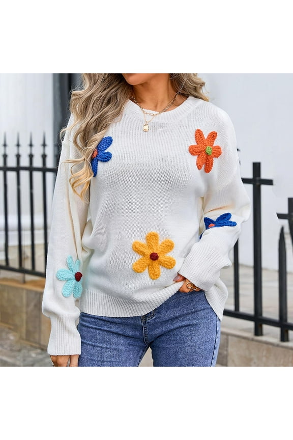 Women Colorful Floral Sweater, Long Sleeve Crewneck Daisy Flower Knit Pullover Jumper, Fall Fashion Winter Clothes White M