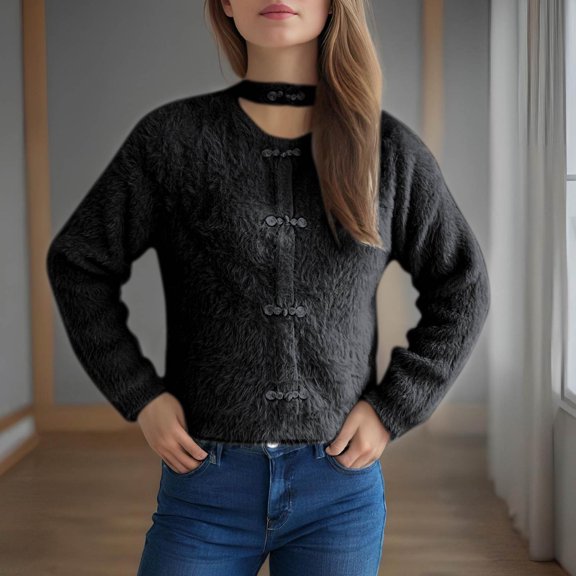 Jjayotai Women Crop Fuzzy Cardigan, Bowknot Brooch Button Knit Cardigans Open Front, Long Sleeves Sweater Tops Black M