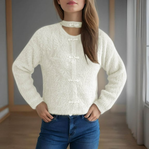 Jjayotai Women Crop Fuzzy Cardigan, Bowknot Brooch Button Knit Cardigans Open Front, Long Sleeves Sweater Tops White L