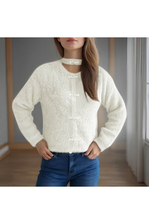 Women Crop Fuzzy Cardigan, Bowknot Brooch Button Knit Cardigans Open Front, Long Sleeves Sweater Tops White M