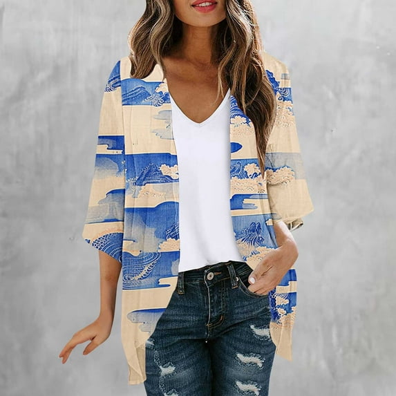 Jjayotai Women Floral Print Lightweight Chiffon Kimono Cardigan, 3/4 Sleeve Loose Beach Wear Cover Up Blouse, Cardigans for Women Trendy Multicolor^1 M