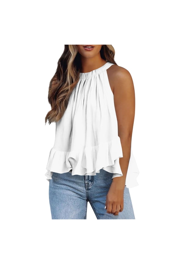 Women Halter Tank Tops, Casual Loose Sleeveless Tie Back Smocked Shirt, Tie Neck Flowy Y2K Summer Cami Top, Boho Clothes, Womens Shirts White^ S