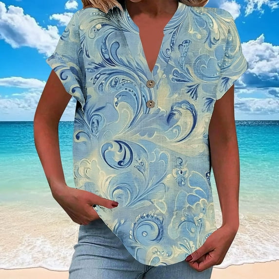 Jjayotai Women Hawaiian Shirt, Soft Cool Summer Hawaii Tshirts, Beach Tropic Print V Neck Button up Tops, Floral Short Sleeve Tops, Womens Polo Shirts Plus Size Light Blue^1 M