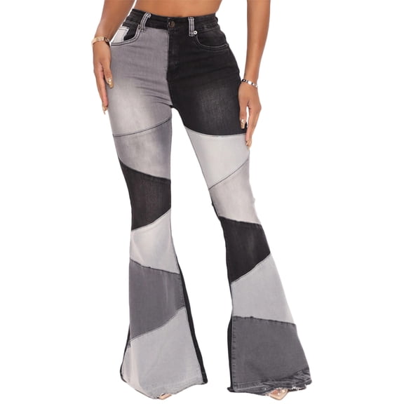 Jjayotai Women Patchwork Flare Jeans, Ripped Stretch High Waisted Bell Bottom, Plus Size Denim Pants Black XXL