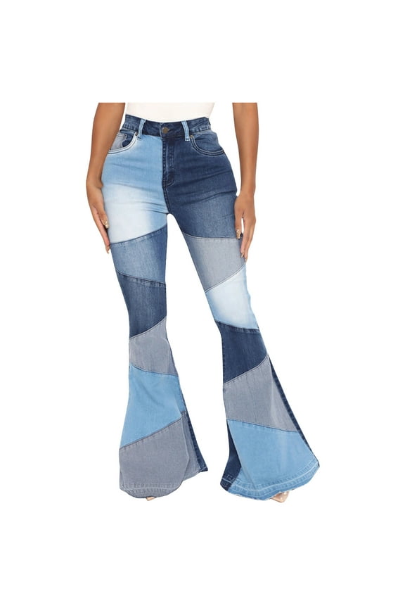 Women Patchwork Flare Jeans, Ripped Stretch High Waisted Bell Bottom, Plus Size Denim Pants Blue XL