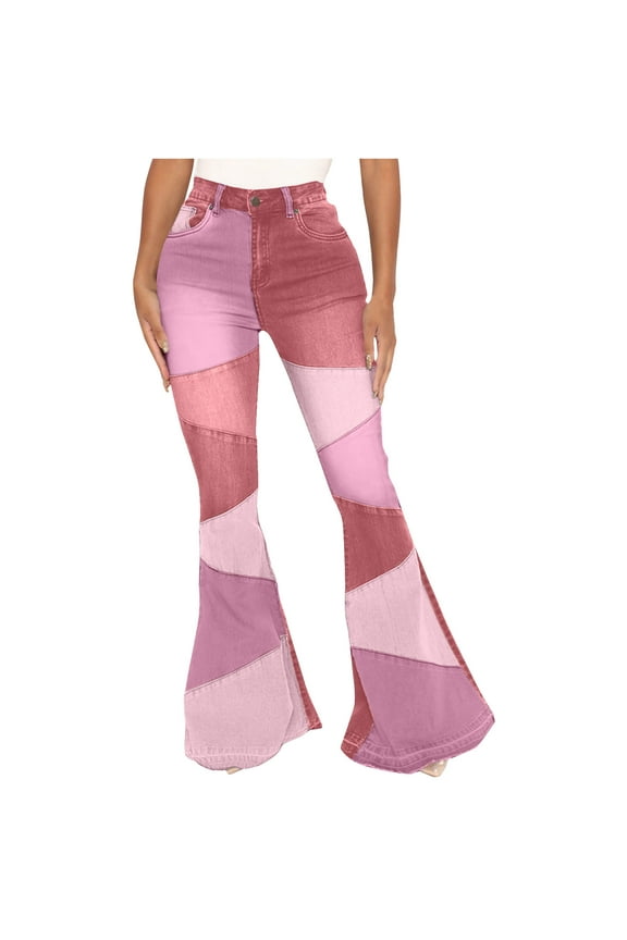 Women Patchwork Flare Jeans, Ripped Stretch High Waisted Bell Bottom, Plus Size Denim Pants Red S