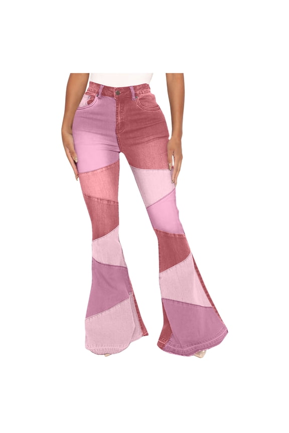 Women Patchwork Flare Jeans, Ripped Stretch High Waisted Bell Bottom, Plus Size Denim Pants Red XXXL