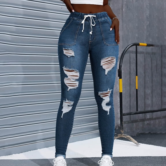 Jjayotai Women Plus Size Ripped Stretch Skinny Jeans, Drawstring High Rise Boyfriend Distressed Denim Jegging Blue-7 S