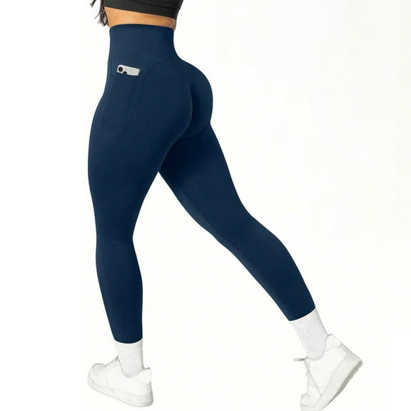 Jjayotai Women Seamless Workout Leggings, Scrunch Butt Lifting Gym Leggings, High Waisted Yoga Pants with Pockets Navy S